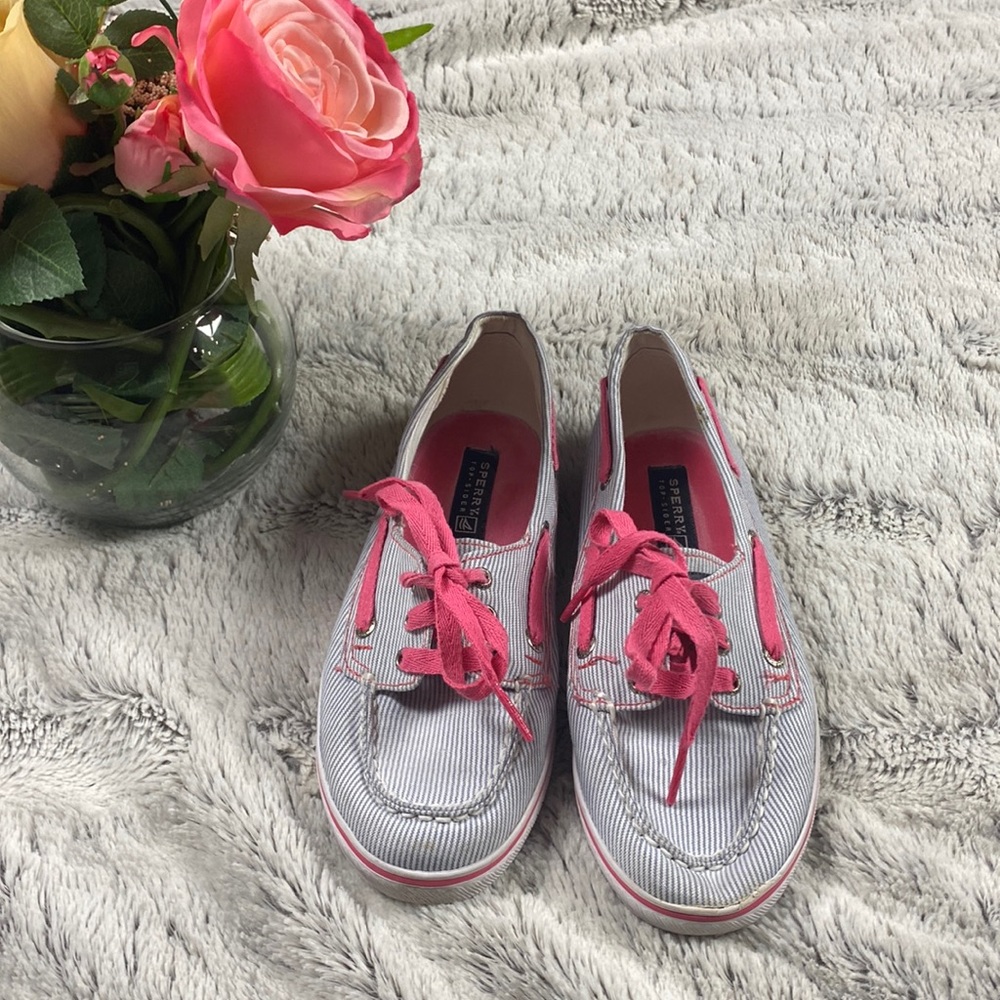 EUC Girls Sperry Top Sider Cruiser Blue White Stripe Pink Boat Shoes Sz 2.5